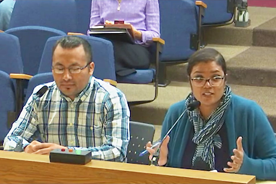 Octaviano Merecias and Raahi Reddy testify at last week’s meeting of Portland Public School’s board of education. The board passed a resolution last week saying it would not assist immigration officials in finding information about students or families who may be undocumented. Photo courtesy of Portland Public Schools.