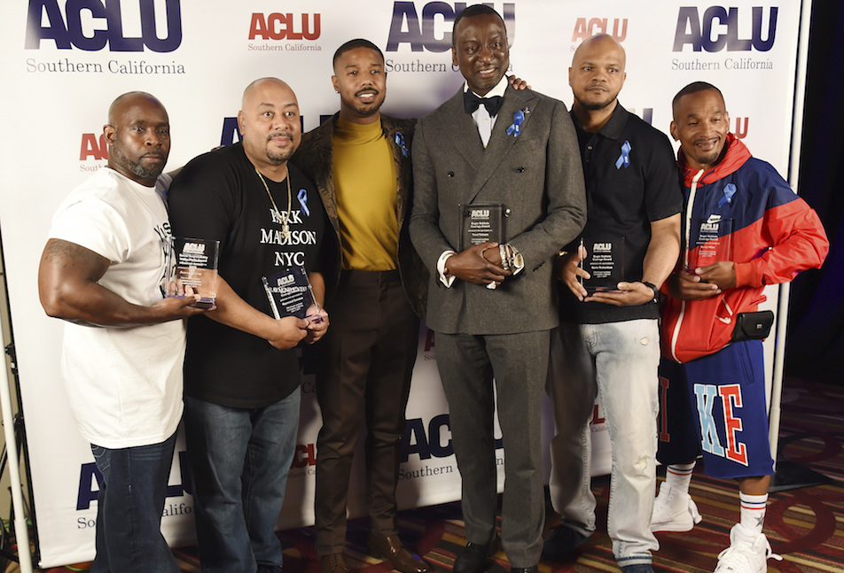 Presenter Michael B. Jordan, third from left, poses with, from left, honorees Antron McCray, Raymond Santana, Yusef Salaam, Kevin Richardson and Korey Wise at the ACLU SoCal's 25th Annual Luncheon at the JW Marriott at LA Live, Friday, June 7, 2019, in Los Angeles. (Photo by Chris Pizzello/Invision/AP)